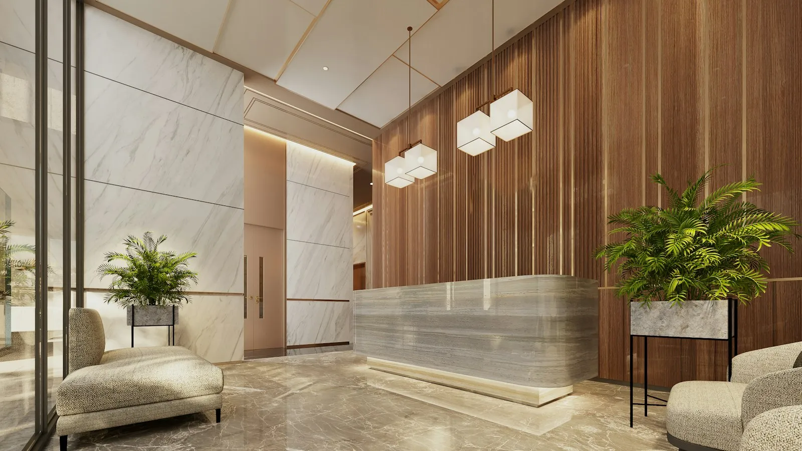Lobi kantor modern dengan meja resepsionis berlapis marmer, dinding panel kayu, lampu gantung kotak, sofa krem, dan dua pot tanaman hijau